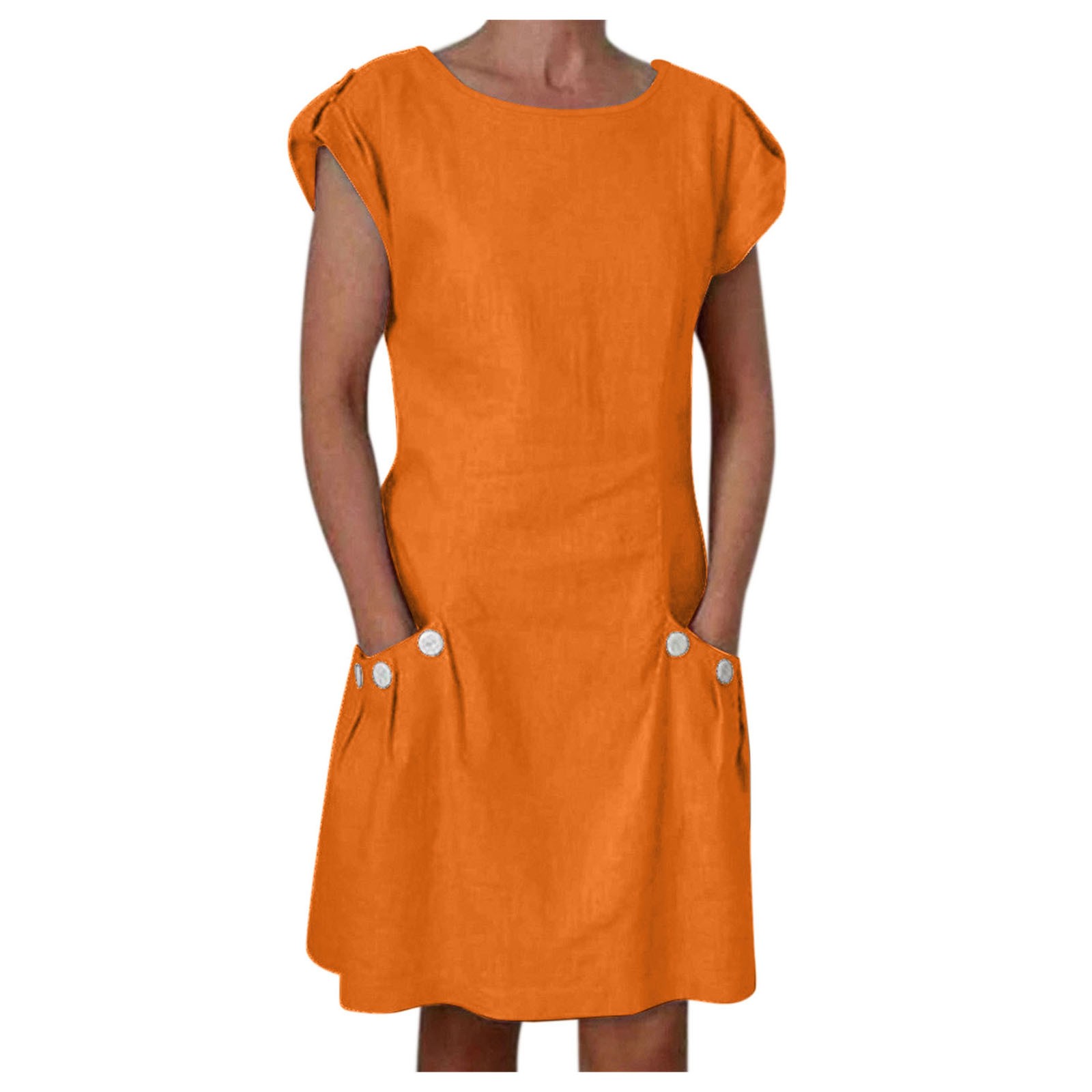 thumbnail image 3 of Vestido informal de mujer con cuello redondo, manga corta, botones, color liso y bolsillos, corte holgado y largo mini, 3 of 8